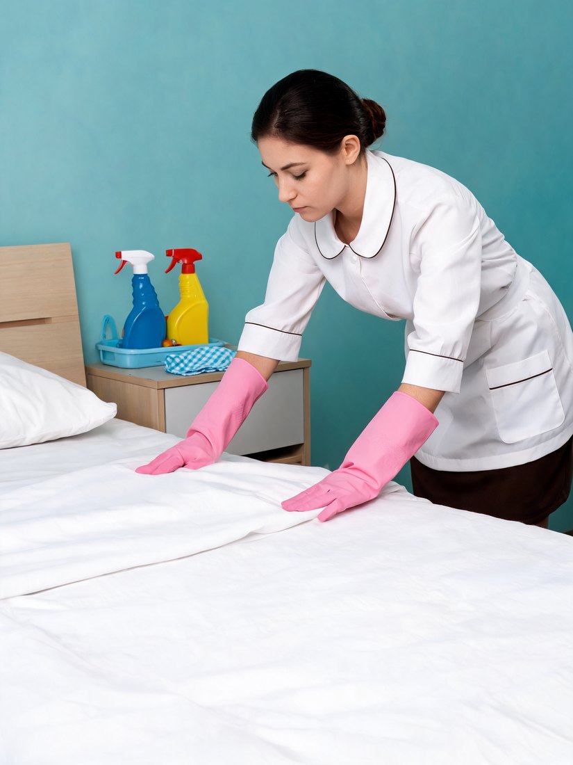 A Dust Detectives housekeeper making up a bed with fresh linens